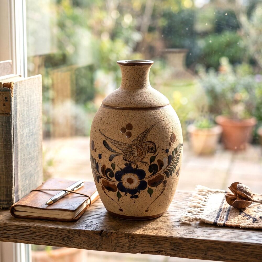Rustic Tonala Mexican Bird Folk Art Vase – Signed Hand‑Painted Stoneware (7”)